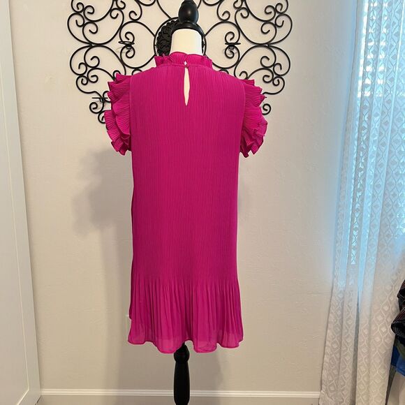 The Impeccable Pig Pink Ruffle Sleeve Pleated Dress Size Large - Picture 7 of 12